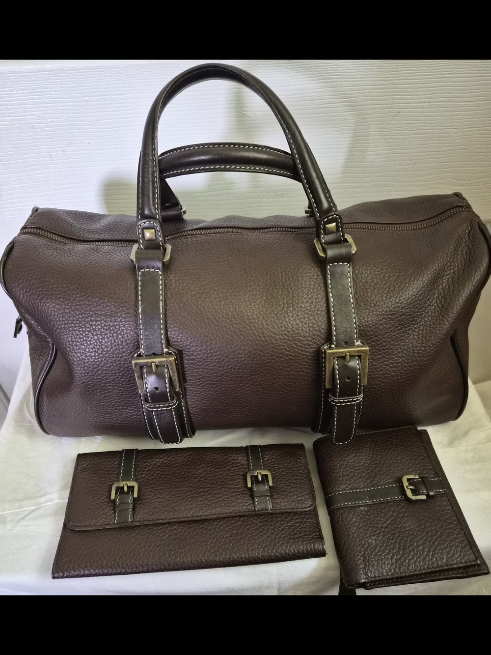 Vintage Adrienne Vittadini 3-Piece Brown Pebbled Leather Travel Set
